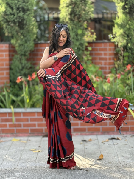 MAROON-INDIGO MODAL SILK AJRAKH BLOCK PRINT SARI