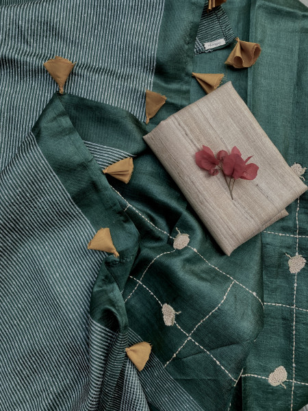 BOTTLE GREEN KORA SILK HAND EMBROIDERED SARI