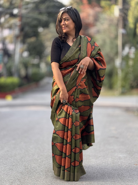 RUST-MEHNDI BLOCK PRINT TUSSAR SILK SARI