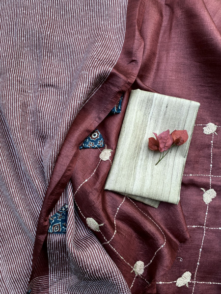 MAROON KORA SILK HAND EMBROIDERED SARI