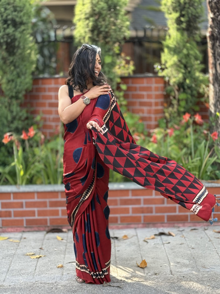 MAROON-INDIGO MODAL SILK AJRAKH BLOCK PRINT SARI