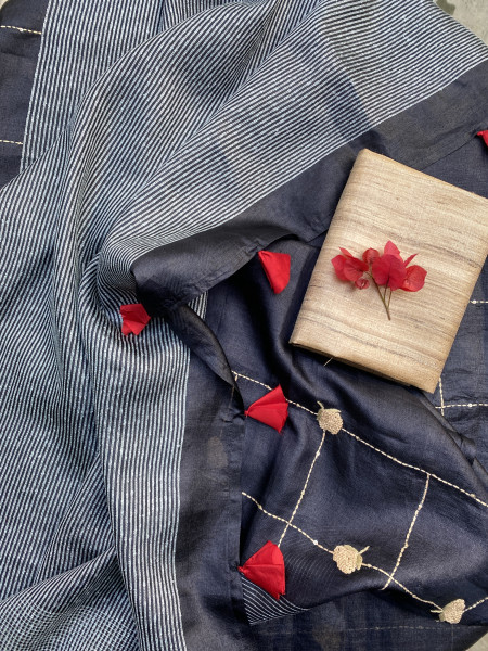 BLACK  KORA SILK HAND EMBROIDERED SARI