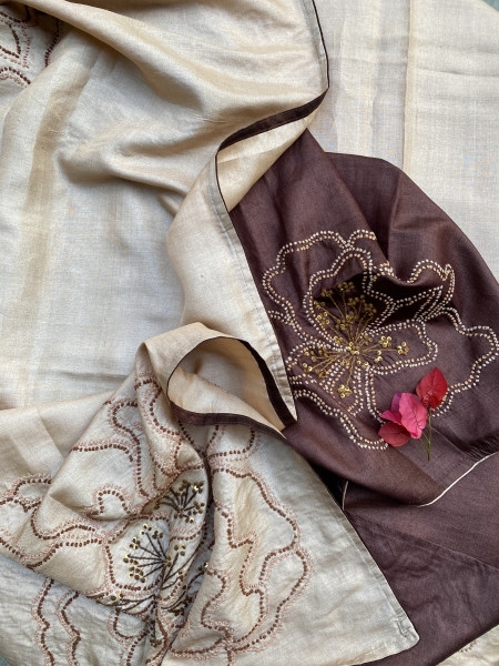 BEIGE TUSSAR SILK HAND EMBROIDERED SARI