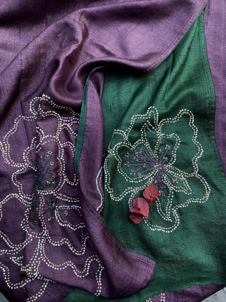 WINE TUSSAR SILK HAND EMBROIDERED SARI