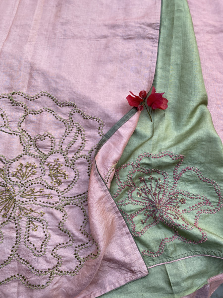PEACH TUSSAR SILK HAND EMBROIDERED SARI
