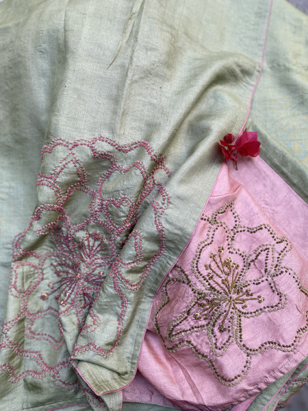PISTA GREEN TUSSAR SILK HAND EMBROIDERED SARI