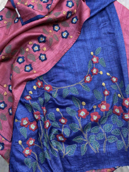 MAGENTA TUSSAR SILK HAND EMBROIDERED SARI