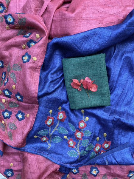 MAGENTA TUSSAR SILK HAND EMBROIDERED SARI