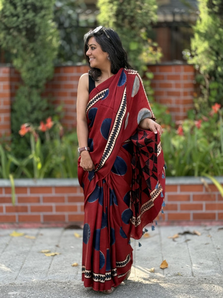 MAROON-INDIGO MODAL SILK AJRAKH BLOCK PRINT SARI