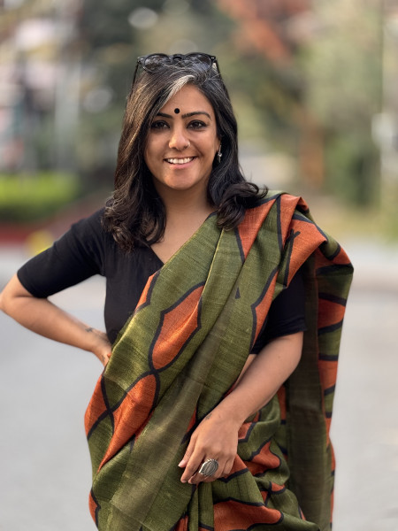 RUST-MEHNDI BLOCK PRINT TUSSAR SILK SARI