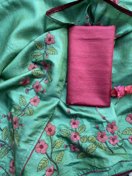 GREEN  TUSSAR SILK HAND EMBROIDERED SARI