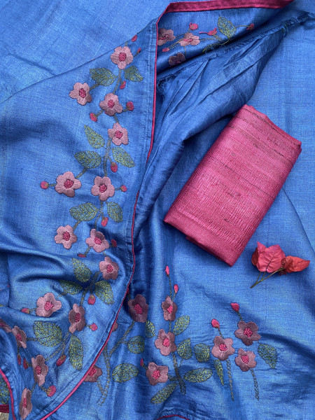 BLUE TUSSAR SILK HAND EMBROIDERED SARI