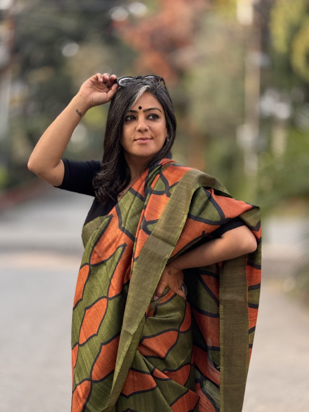 RUST-MEHNDI BLOCK PRINT TUSSAR SILK SARI