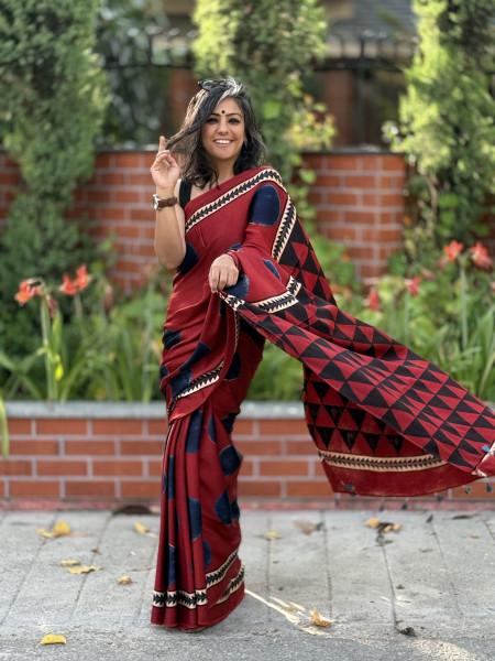 MAROON-INDIGO MODAL SILK AJRAKH BLOCK PRINT SARI