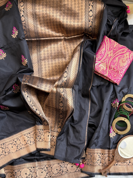 BLACK MEENAKARI BANARASI HAND WOVEN PURE SILK SARI