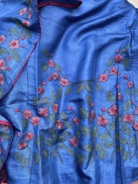 BLUE TUSSAR SILK HAND EMBROIDERED SARI