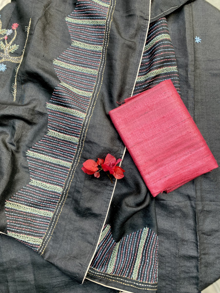 BLACK TUSSAR SILK HAND EMBROIDERED SARI