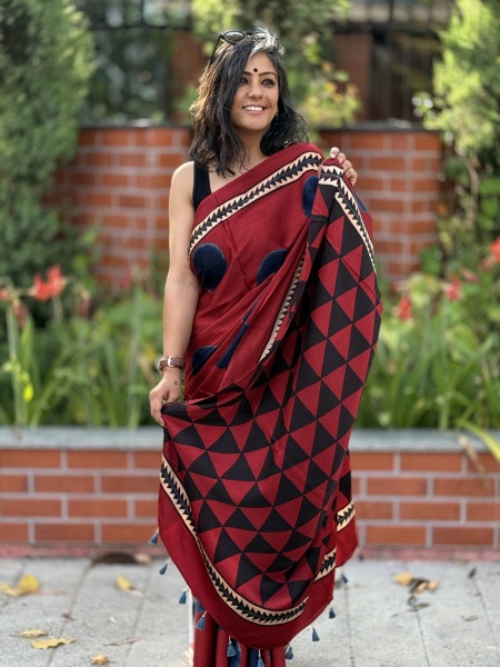 MAROON-INDIGO MODAL SILK AJRAKH BLOCK PRINT SARI