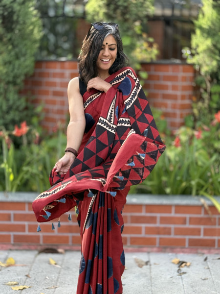 MAROON-INDIGO MODAL SILK AJRAKH BLOCK PRINT SARI