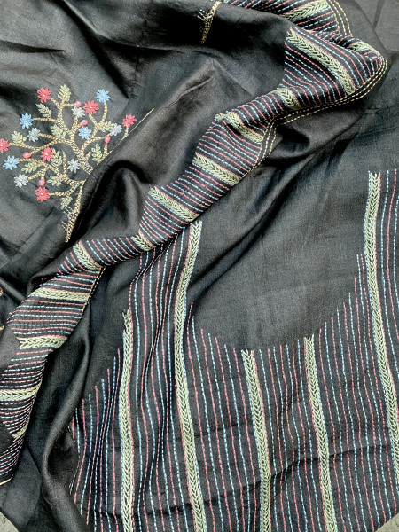 BLACK TUSSAR SILK HAND EMBROIDERED SARI