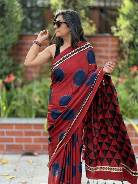 MAROON-INDIGO MODAL SILK AJRAKH BLOCK PRINT SARI