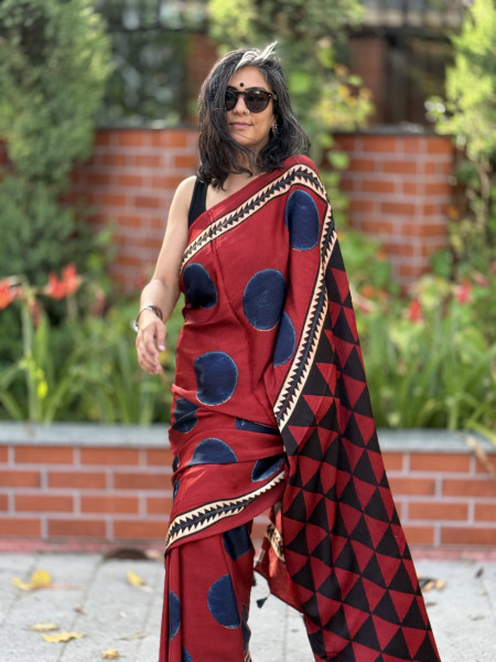 MAROON-INDIGO MODAL SILK AJRAKH BLOCK PRINT SARI