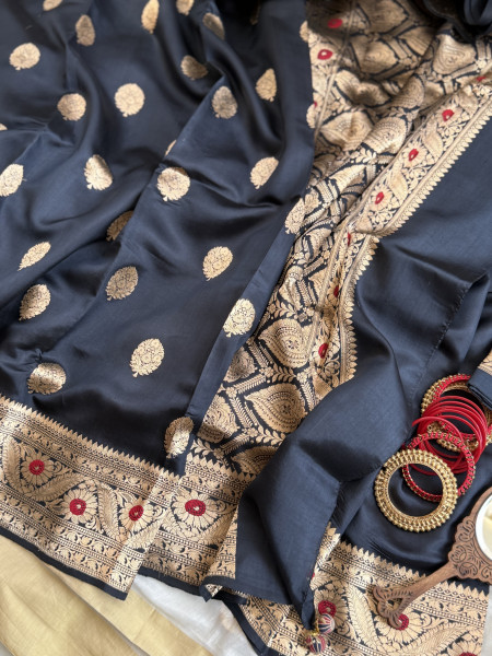 BLACK BANARASI MEENAKARI HAND WOVEN PURE SILK SARI