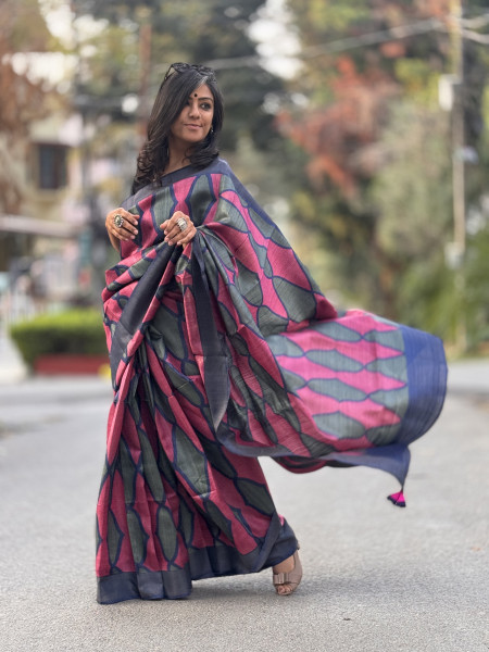 MAGENTA-SAGE BLOCK PRINT TUSSAR SILK SARI