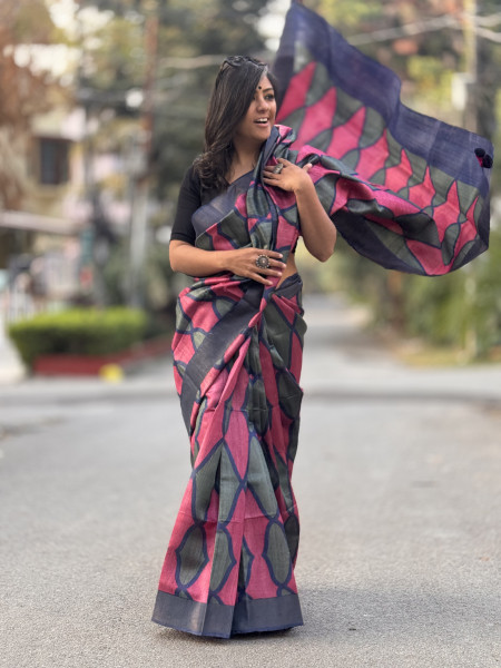 MAGENTA-SAGE BLOCK PRINT TUSSAR SILK SARI