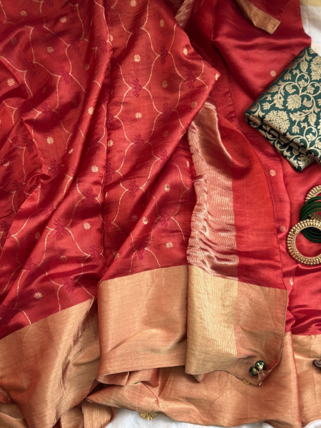 RUST-RED HAND WOVEN PURE SILK SARI