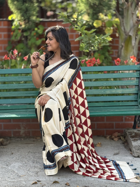 OFF WHITE-BLACK MODAL SILK AJRAKH BLOCK PRINT SARI