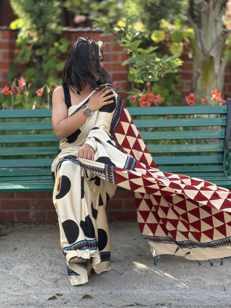 OFF WHITE-BLACK MODAL SILK AJRAKH BLOCK PRINT SARI