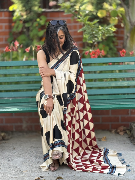 OFF WHITE-BLACK MODAL SILK AJRAKH BLOCK PRINT SARI