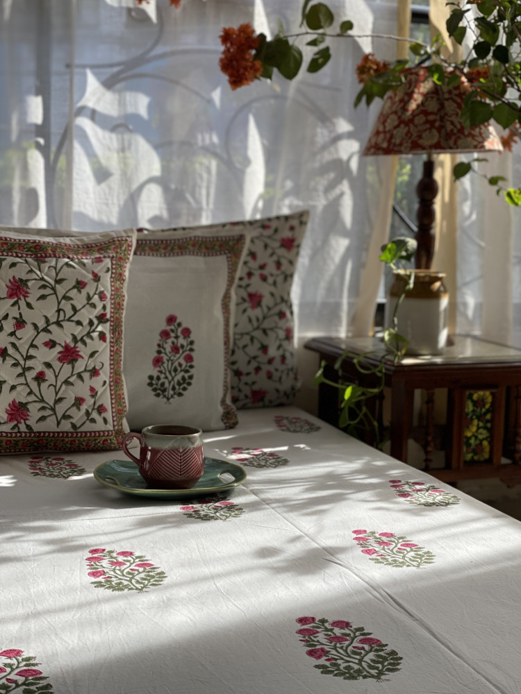 Image of OFF WHITE COTTON HAND BLOCK PRINT double BEDSHEET