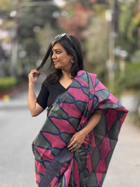 MAGENTA-SAGE BLOCK PRINT TUSSAR SILK SARI