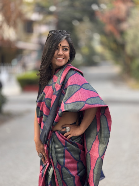MAGENTA-SAGE BLOCK PRINT TUSSAR SILK SARI