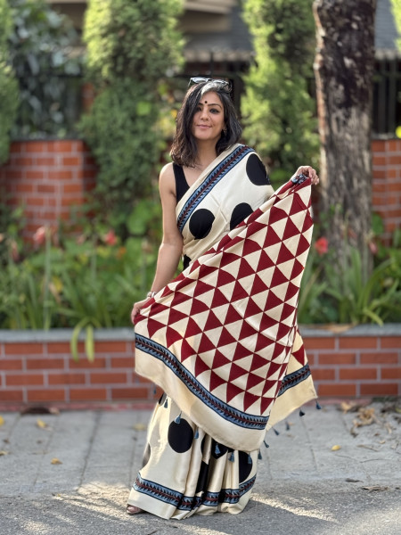 OFF WHITE-BLACK MODAL SILK AJRAKH BLOCK PRINT SARI