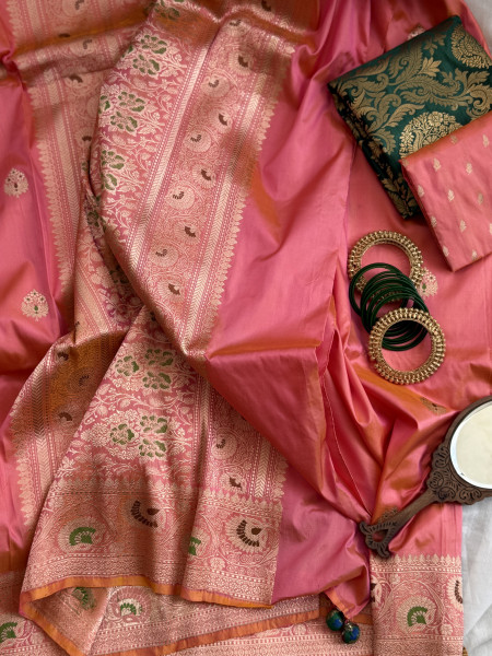 PEACH-PINK BANARASI MEENAKARI HAND WOVEN PURE SILK SARI
