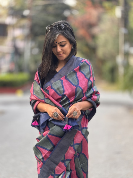 MAGENTA-SAGE BLOCK PRINT TUSSAR SILK SARI