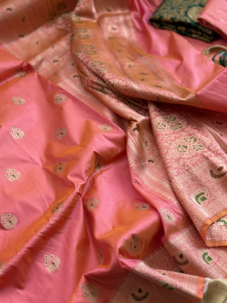 PEACH-PINK BANARASI MEENAKARI HAND WOVEN PURE SILK SARI