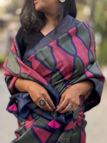 MAGENTA-SAGE BLOCK PRINT TUSSAR SILK SARI