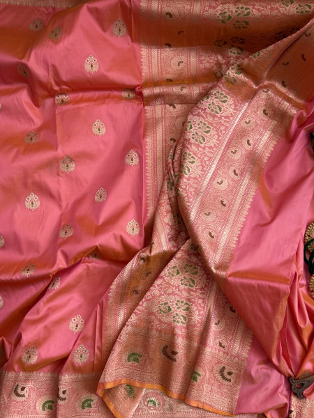 PEACH-PINK BANARASI MEENAKARI HAND WOVEN PURE SILK SARI
