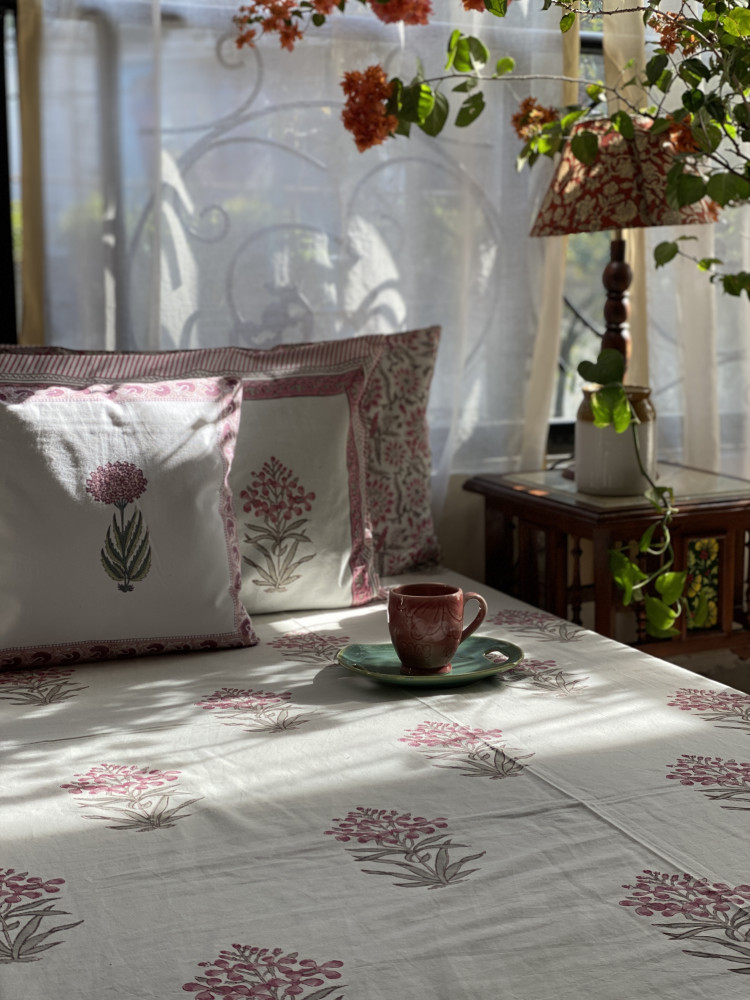 Image of OFF WHITE COTTON HAND BLOCK PRINT double BEDSHEET