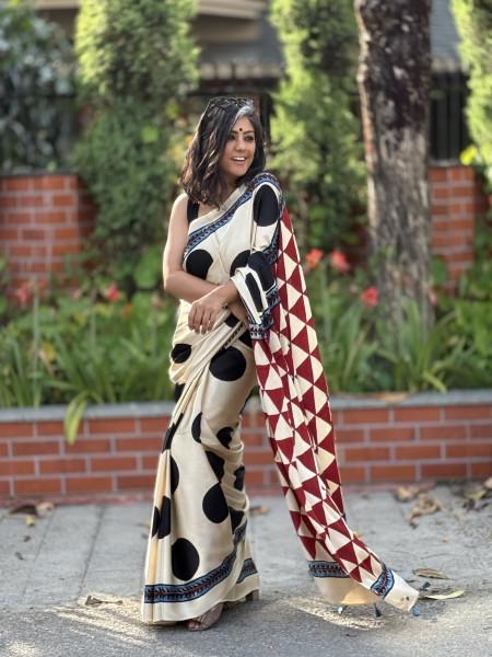 OFF WHITE-BLACK MODAL SILK AJRAKH BLOCK PRINT SARI