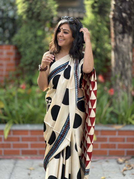 OFF WHITE-BLACK MODAL SILK AJRAKH BLOCK PRINT SARI