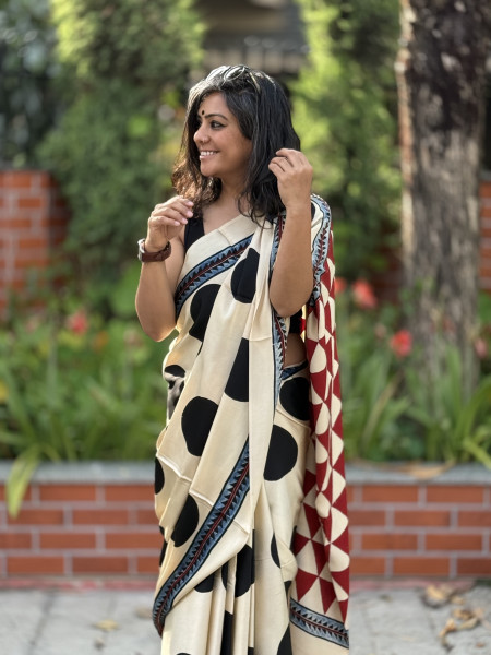 OFF WHITE-BLACK MODAL SILK AJRAKH BLOCK PRINT SARI