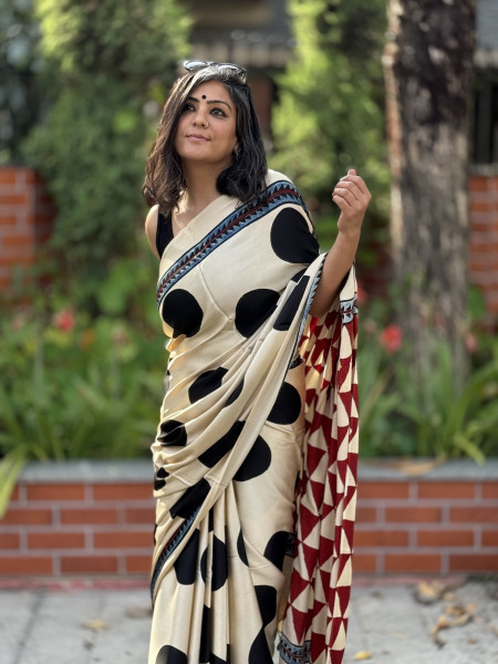 OFF WHITE-BLACK MODAL SILK AJRAKH BLOCK PRINT SARI