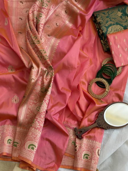 PEACH-PINK BANARASI MEENAKARI HAND WOVEN PURE SILK SARI
