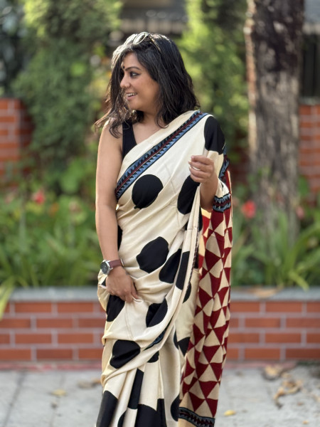 OFF WHITE-BLACK MODAL SILK AJRAKH BLOCK PRINT SARI