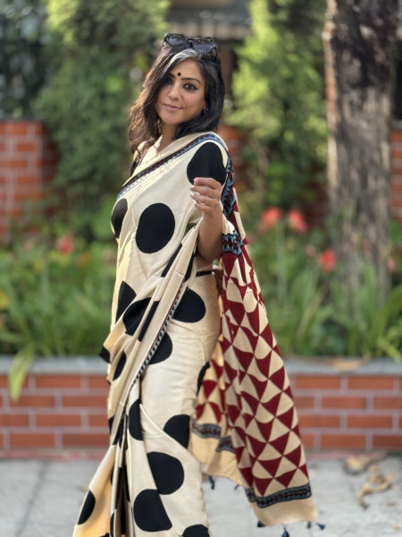 OFF WHITE-BLACK MODAL SILK AJRAKH BLOCK PRINT SARI